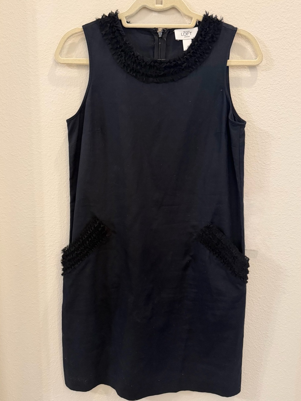 LOFT Black Sleeveless Shift Dress with Ruffle Trim